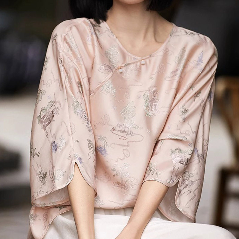 设计感新中式真丝旗袍小衫 高端桑蚕丝国风T恤中袖粉上衣女装夏季