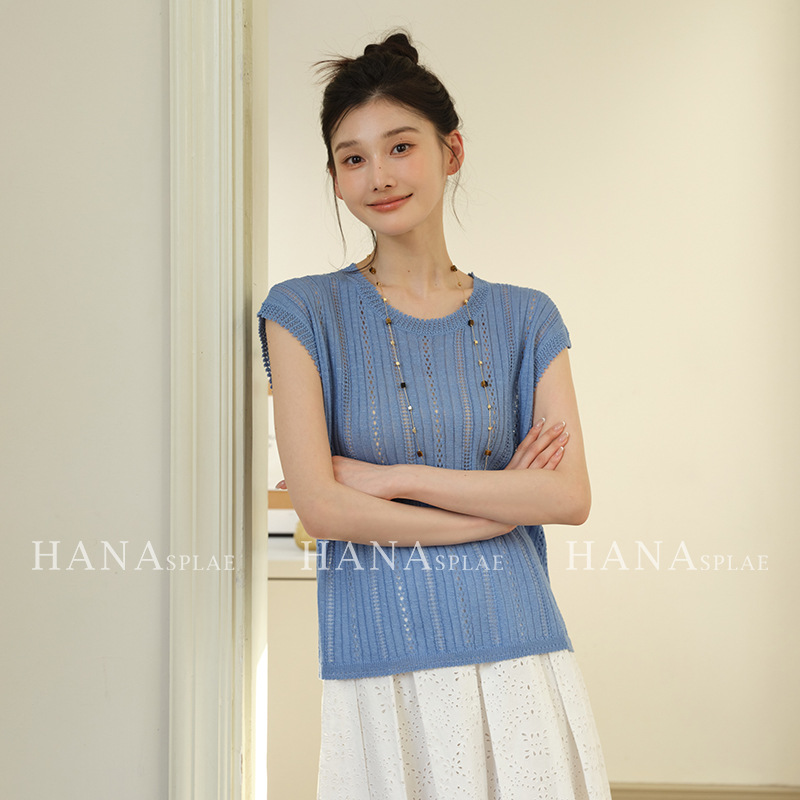 广州女装十三行夏季2025新款短袖女t恤精致镂空针织衫上衣H17685