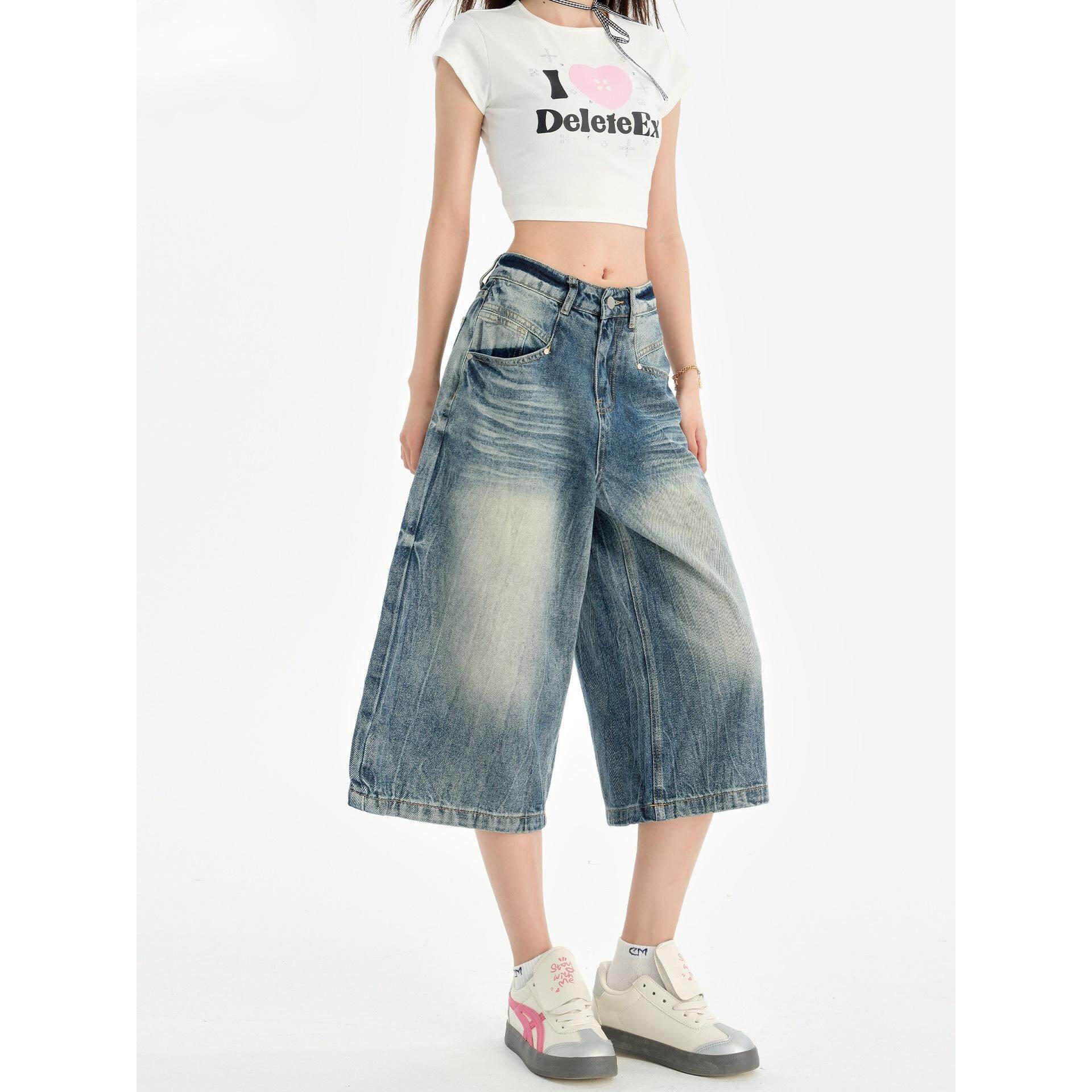 小个子七分牛仔短裤女2026春夏新款高腰直筒阔腿中裤