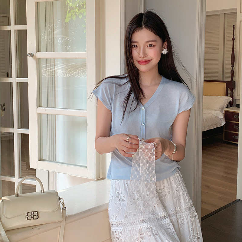 起范 法式高级感小飞袖v领针织开衫女夏季修身薄款短袖上衣86053