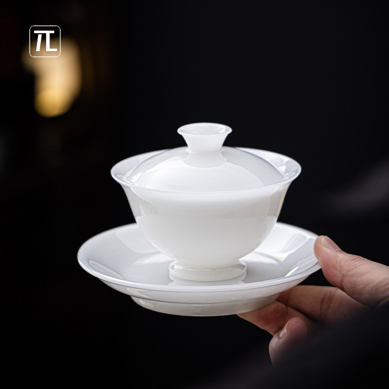 兀空羊脂玉瓷璞玉白瓷三才盖碗防烫小容量盖碗功夫茶具高档茶盖碗
