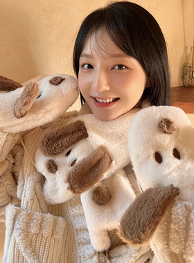 新款ins可爱卡通狗狗毛绒手套女冬季骑车骑行学生保暖加厚防寒