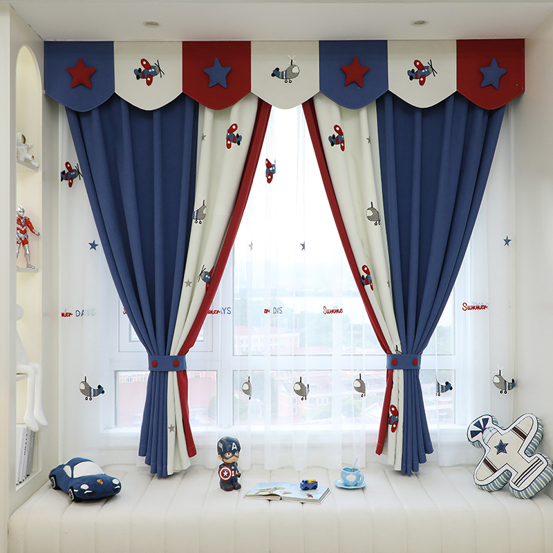 新款儿童房窗帘卡通飞机英伦风男孩棉麻遮光卧室飘窗定制短帘窗纱