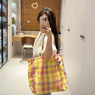 复古黄粉条纹托特包简约大容量通勤学生上课单肩包腋下包手提包女