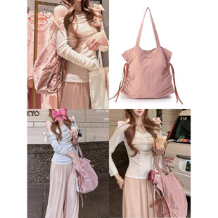 龙心同款系带蝴蝶结抽绳褶皱包奶茶粉少女心尼龙单肩手提斜挎包女