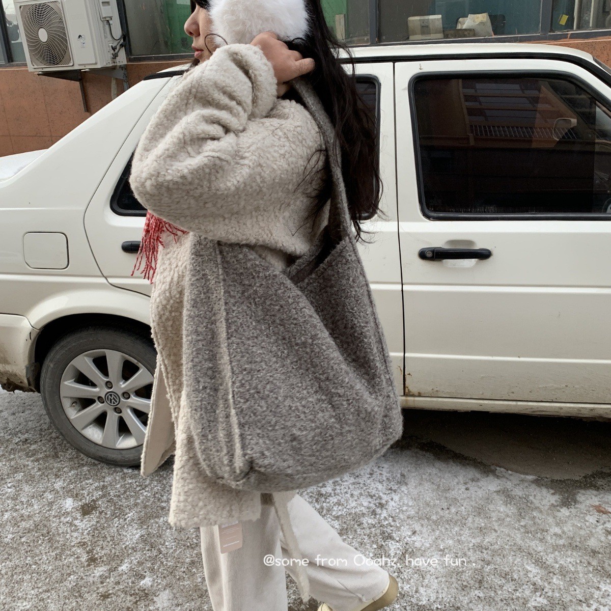 韩国ins博主同款冬季新款毛呢子母大容量慵懒风单肩托特包腋下包