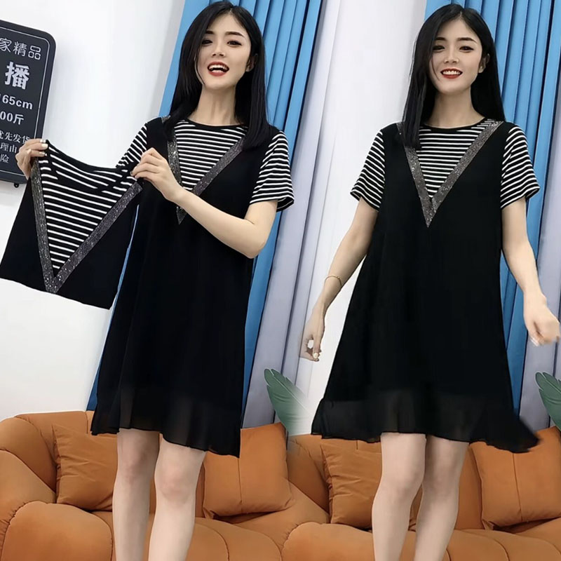 洋气休闲条纹夏季裙子新款女网红款短袖韩版假钻连衣裙拼接烫两件
