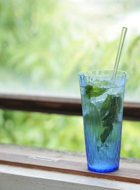 代购日本制Sght菱格纹路手作薄玻璃杯夏日度假风海蓝色清透果汁杯