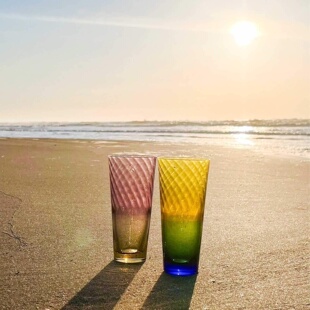 代购日本制渐变色玻璃杯手工吹制海边天空日出日落感撞色杯子