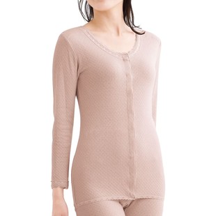 代购日本制25年秋冬新品纯棉夹层前开扣保暖肩膀双层打底秋衣