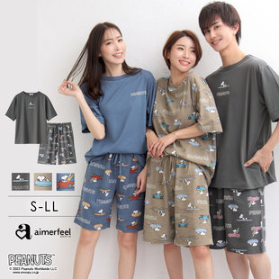 日本代购PEANUTS史努比卡通短袖卫衣短裤情侣家居服套装睡衣休闲