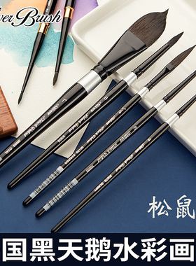 进口美国BlackVelvet黑天鹅水彩笔松鼠毛圆头水彩画笔6号8号10号4号绘画毛笔手绘勾线笔3000S美术专用绘画笔