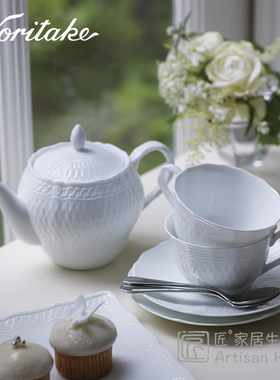 日本Noritake则武纯白浮雕茶杯茶壶进口茶具套装白色恋人咖啡杯碟