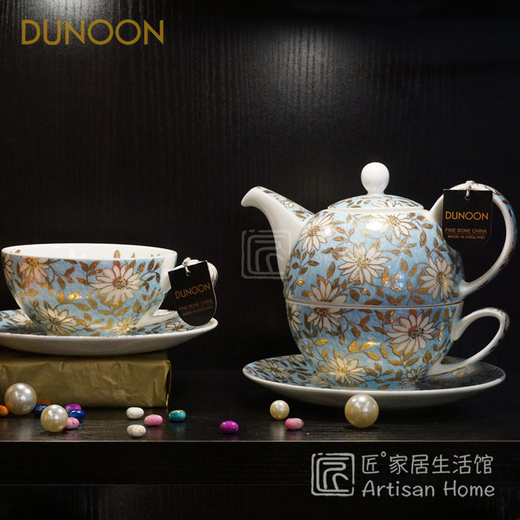 现货DUNOON丹侬英国进口骨瓷茶杯茶壶Aqua水绿色茶具套装子母壶