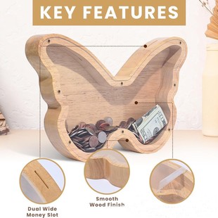 木制存钱罐蝴蝶造型存钱盒学生零钱收纳盒亚克力透明实木储蓄SD15