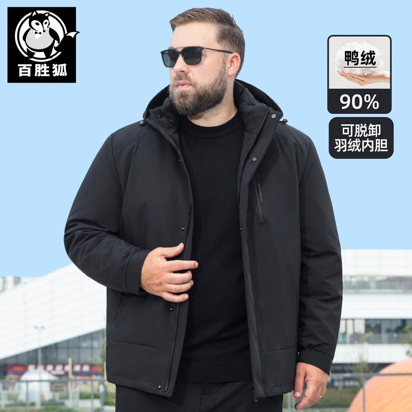 百胜狐90鸭绒连帽工装羽绒服男冬胖子加大加肥保暖可拆卸内胆外套