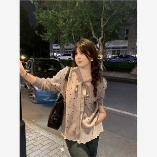 胖mm特大码绝美冬装大码女装灰色波点蝴蝶结系带毛衣开衫外套秋冬