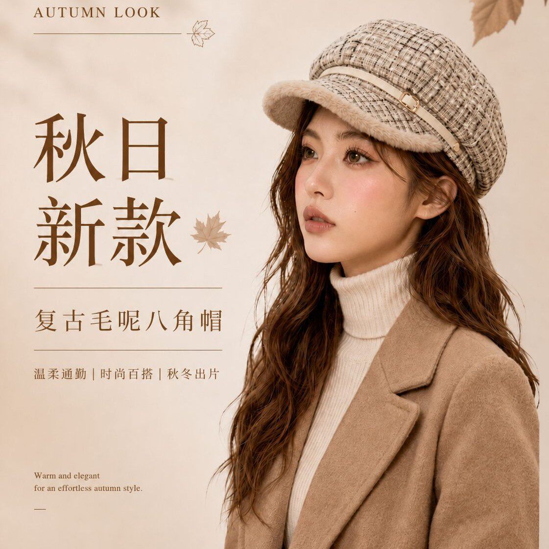 复古毛绒格子八角帽女秋冬保暖显脸小贝雷帽大头围英伦风加厚防风