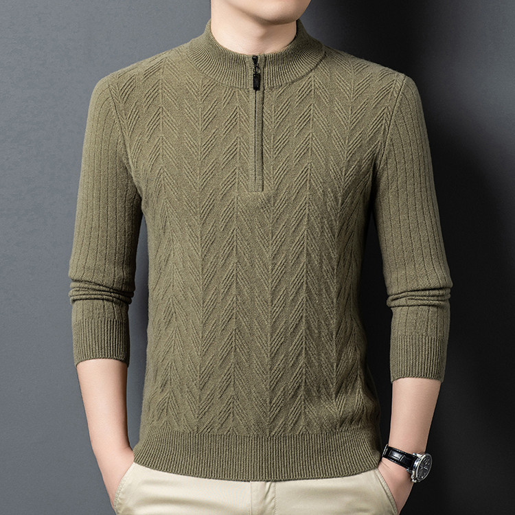 秋冬新款鹿王男装羊绒衫普通毛线半高拉链直筒型羊毛提花官方正品