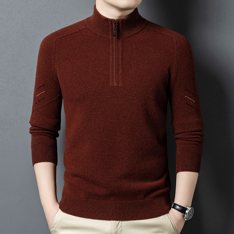 秋冬新款鹿王男装羊绒衫普通毛线半高拉链直筒型羊毛提花官方正品