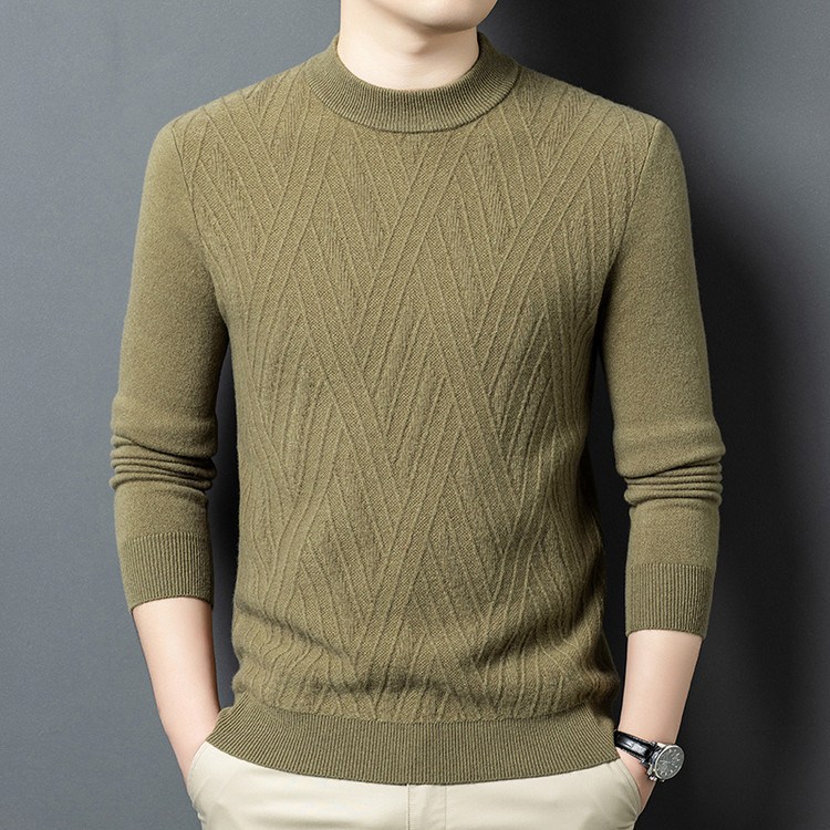 秋冬新款鹿王男装羊绒衫普通毛线半高领直筒型羊毛提花针官方正品
