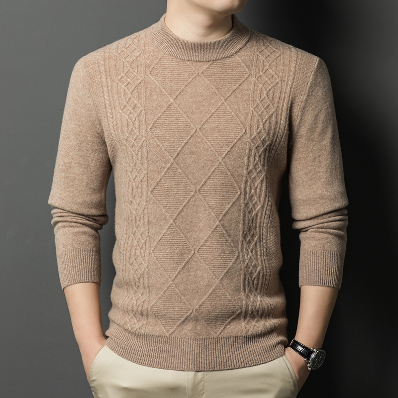 秋冬新款鹿王官方正品圆领直筒型羊毛提花羊毛针织衫/男装羊绒衫