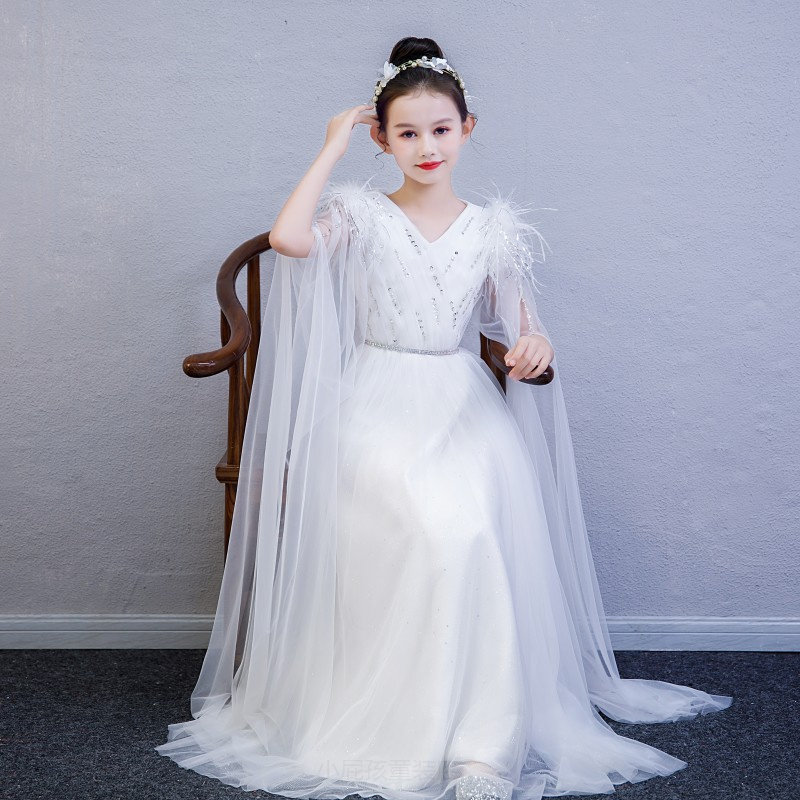 儿童古筝演出礼服2025新款中式古典白色显瘦气质长款走秀考级礼服