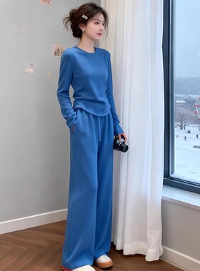 韩式慵懒chic休闲运动套装女春秋高级感蓝色减龄上衣阔腿裤两件套