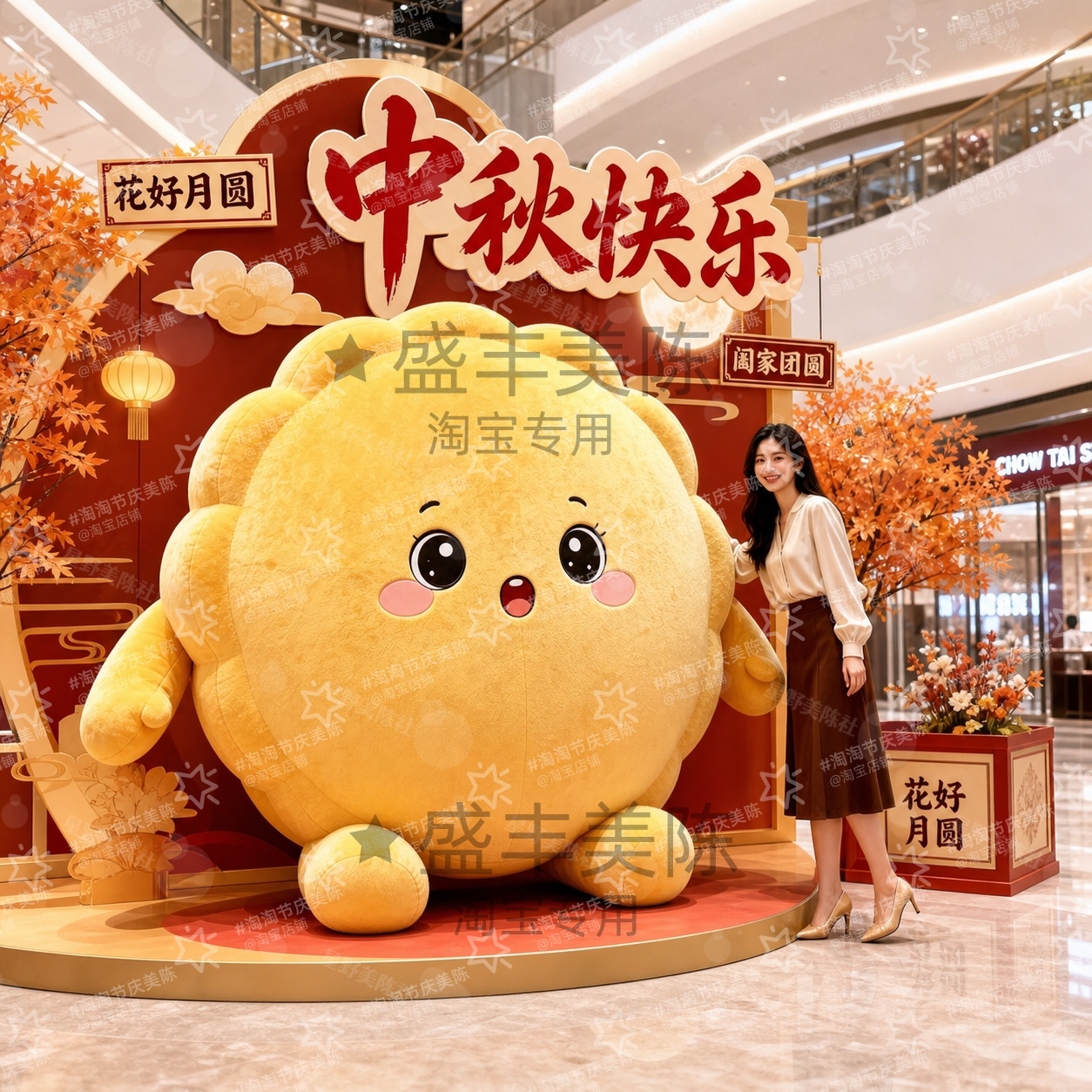 中秋毛绒抱抱月饼玩偶商场摆件