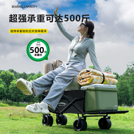 夏季户外折叠营地车草坪露营野餐摆摊手推车大容量双刹车拖车