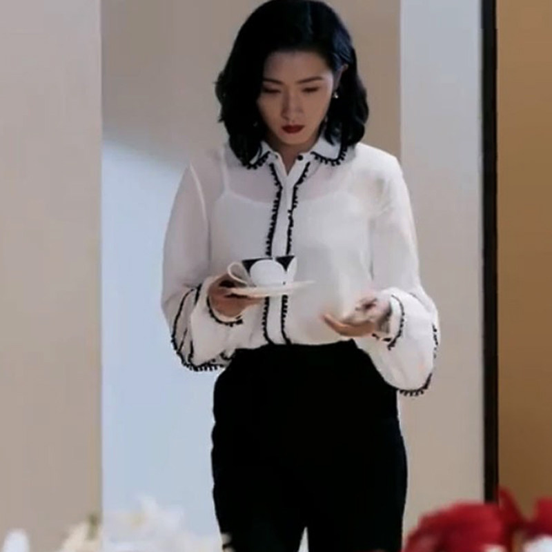 第十二秒许涟万茜同款白色衬衫女2021年灯笼袖长袖雪纺宽松上衣