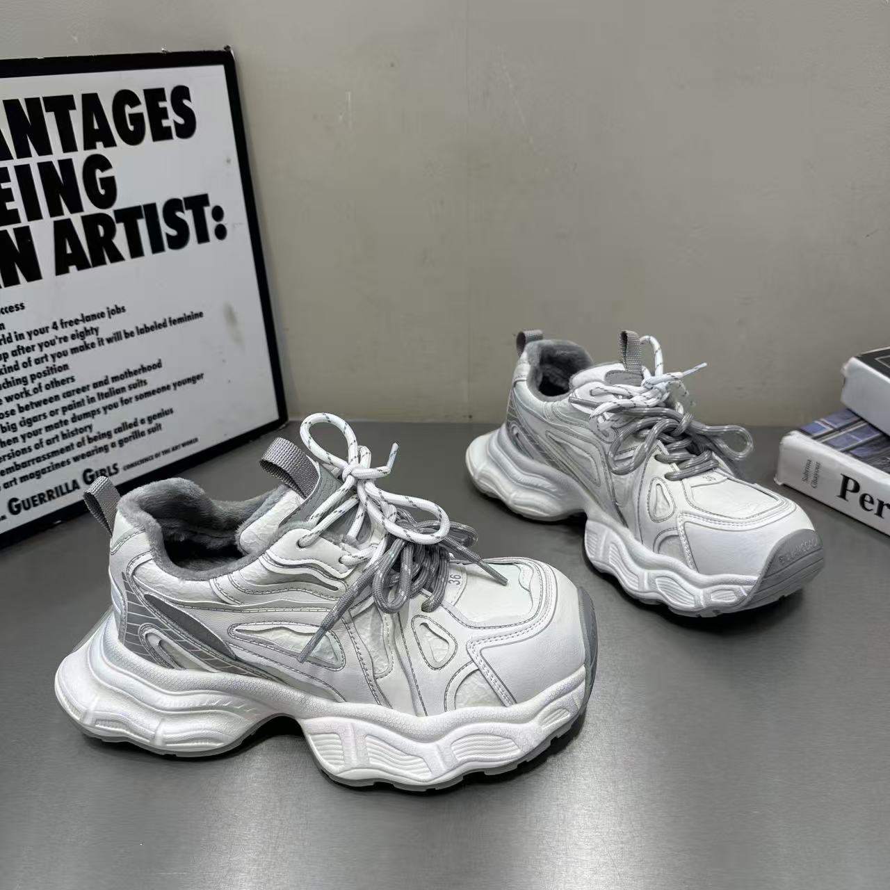 欧货厚底加绒双系带老爹鞋女