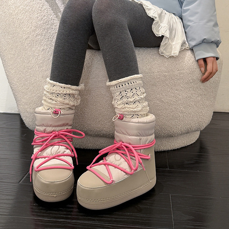 高端小众2025冬季防水羽绒布厚底交叉绑带防滑加厚保暖短靴雪地靴,女鞋,时尚雪地靴,淘宝优惠券,粉丝福利购,淘宝优惠卷