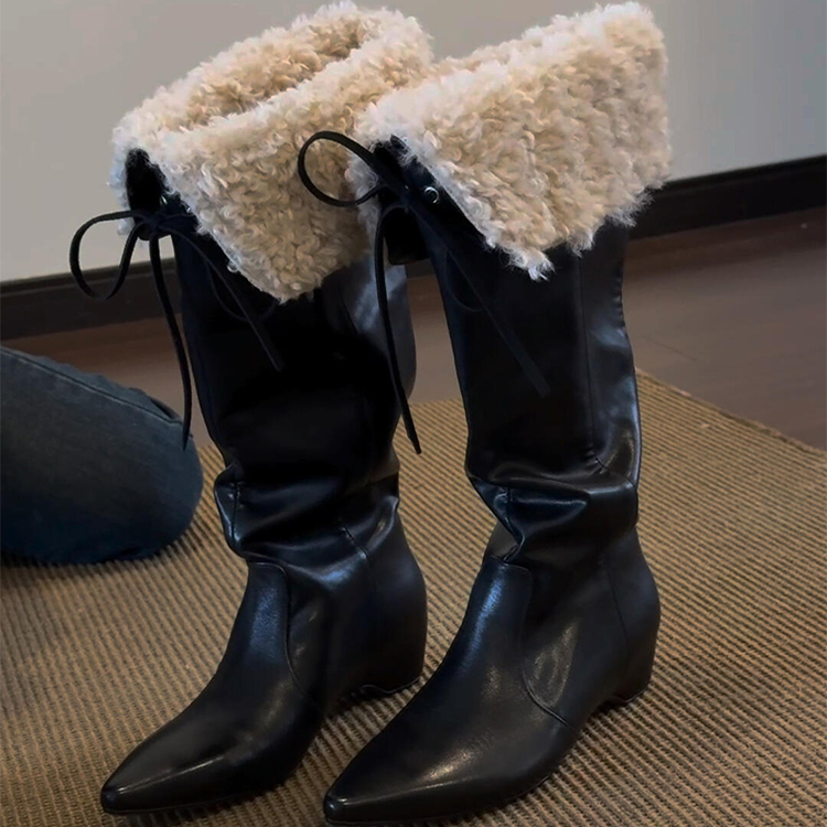 不过膝黑色长靴女尖头内增高加绒