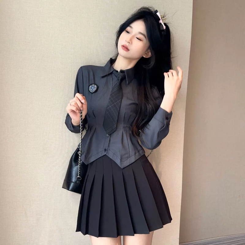 jk收腰衬衫女长袖辣妹百褶裙制服套装百搭修身显瘦日系学院风上衣