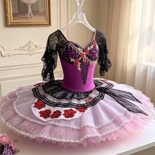 艾斯米拉达枚红色芭蕾舞演出服紫色tutu裙变奏比赛服定制表演服