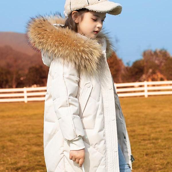 儿童羽绒服中长款连帽毛领洋气女孩加厚冬装保暖鸭绒男女款外套潮