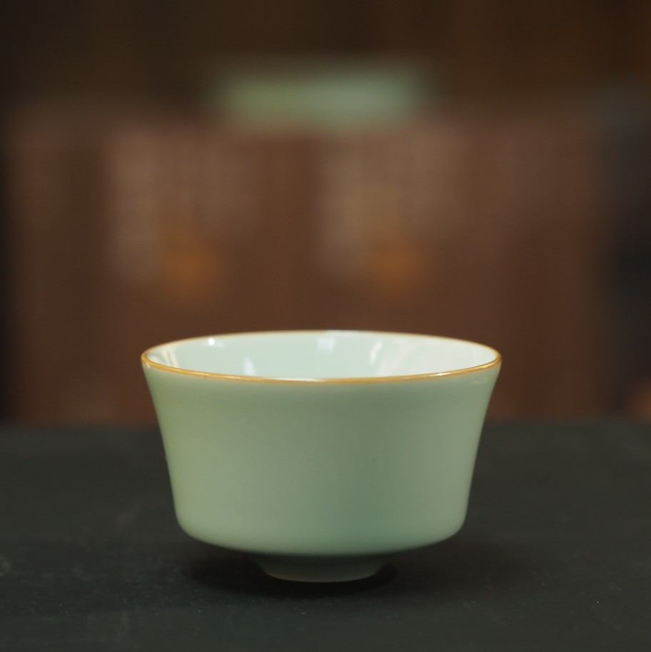 传老景德镇谷雨山房翠青釉紫金边青云马蹄杯手工单色釉小茶杯