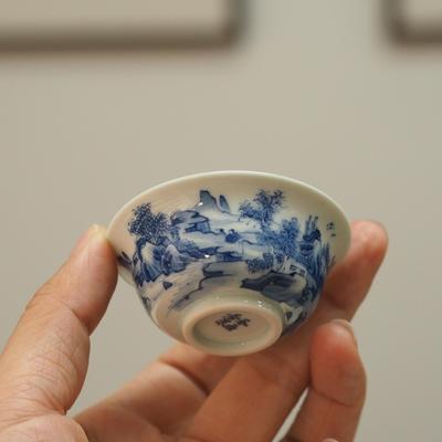 传老景德镇谷雨山房青花田园山水灵泽杯功夫茶用小品茗杯小容量