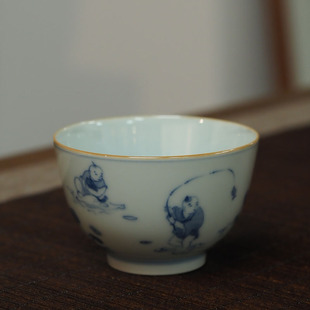 传老景德镇谷雨山房青花婴戏图连年有余罗汉杯手绘主人茶杯品茗杯