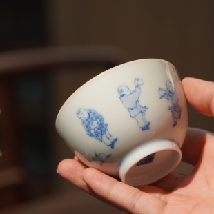 景德镇谷雨山房早期青花童趣浮云杯添福添寿主人杯纯手工