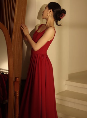喵吉复古方领无袖修身礼服裙小个子气质红色背心连衣裙长裙女春夏