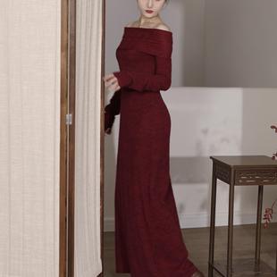 喵吉复古无袖 红色蕾丝连衣裙女春秋 收腰内搭气质礼服裙小个子长款