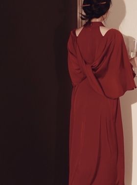 喵吉法式复古气质礼服裙长款红色晨袍新娘婚礼敬酒服订婚裙女春秋