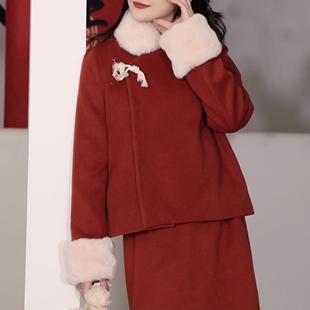 两件套女冬 红色毛呢外套半身裙套装 喵吉新中式 复古设计感新年时尚