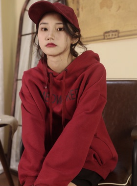 Meow Ji喵吉复古宽松套头长袖连帽上衣红色ins卫衣女秋冬加绒加厚