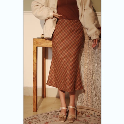 复古高腰格子格纹鱼尾包臀半身裙