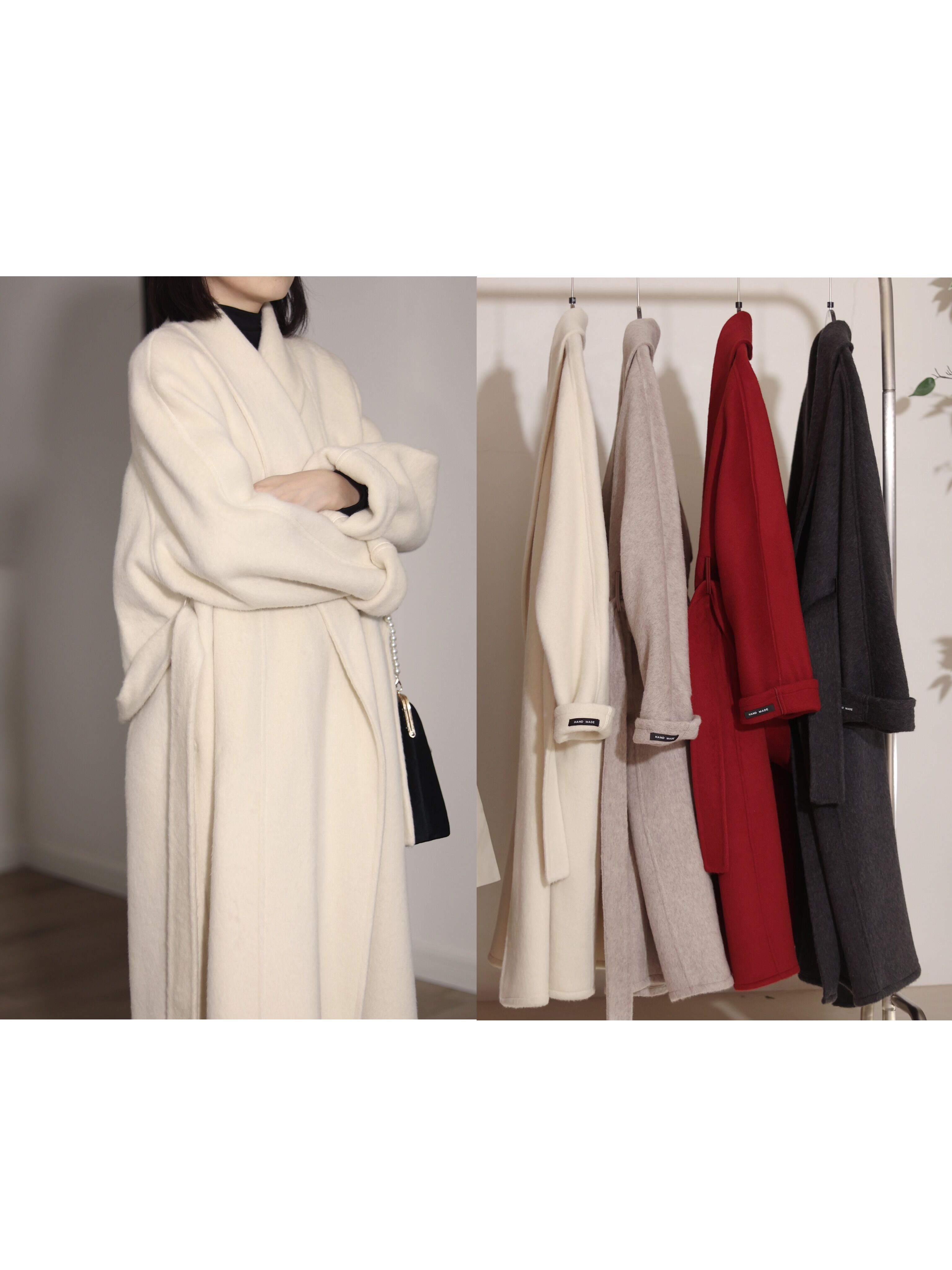 喵吉羊毛双面呢长款毛呢外套大气