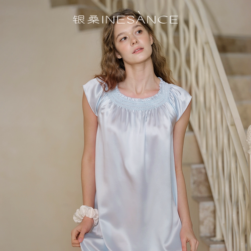 银桑INESANCE100%桑蚕真丝睡裙女夏季丝滑亲肤22姆米高档丝绸睡衣