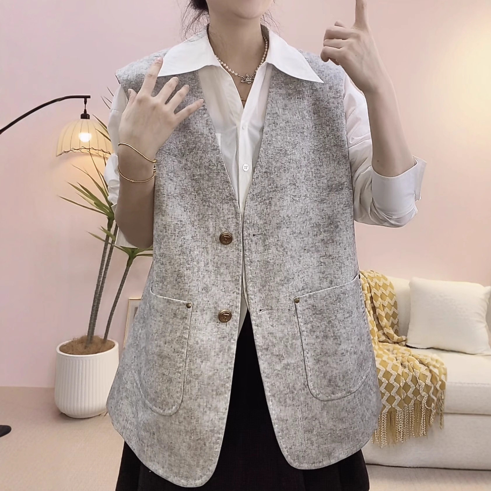 2026春季新品时尚气质休闲扎染宽松V领上衣外套百搭马甲069